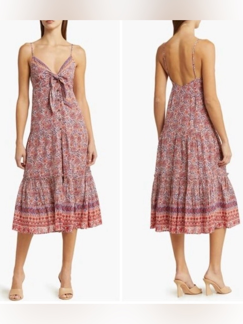 Veronica Beard Abilene Flowy Midi Spaghett Strap Dress Red Blue Paisley Size L